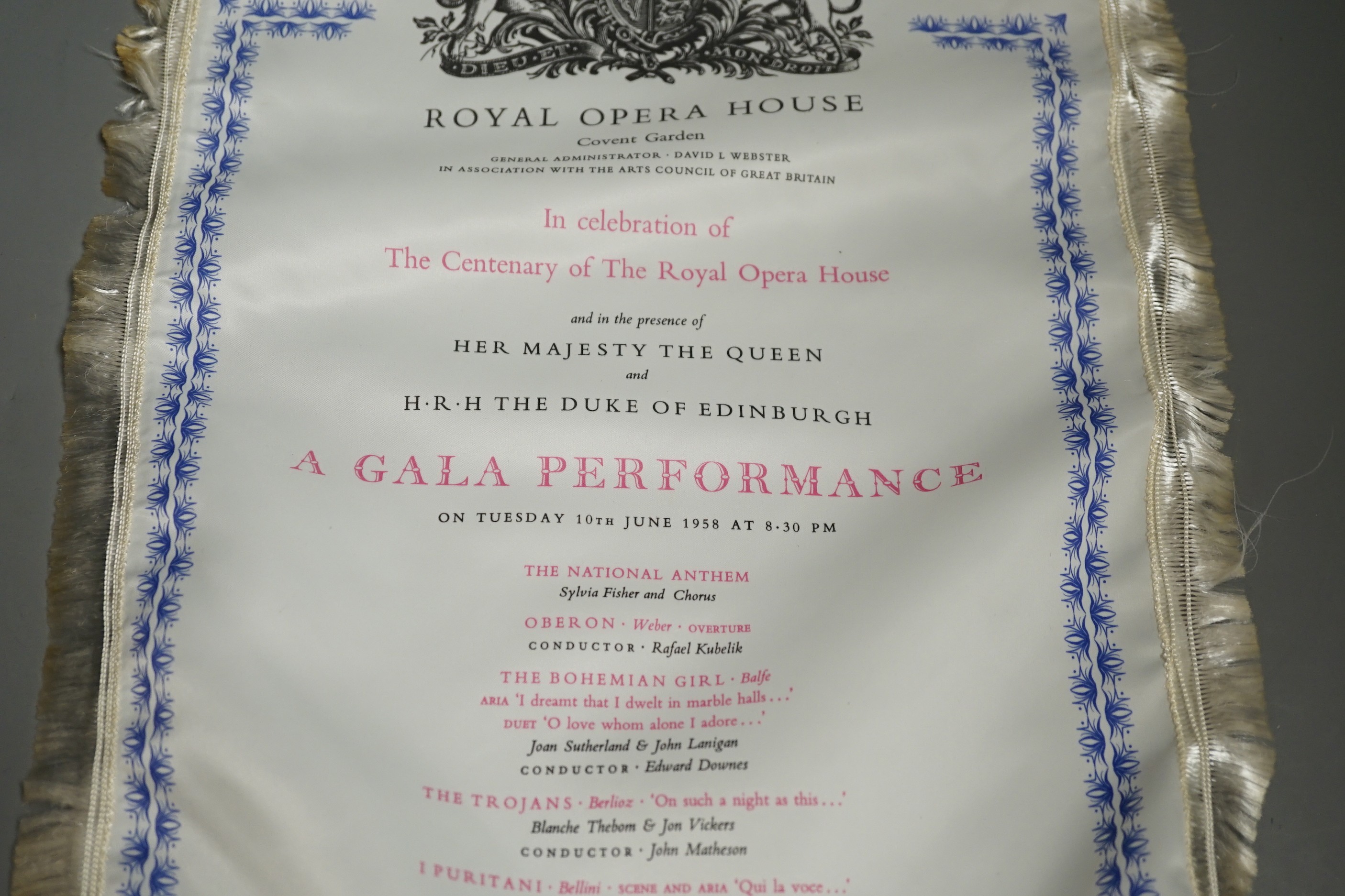 A silk programme for the Royal Opera House Gala performance in the presence of HM The Queen and HRH The Duke of Edinburgh, 10th June 1958 and with original cylinder case